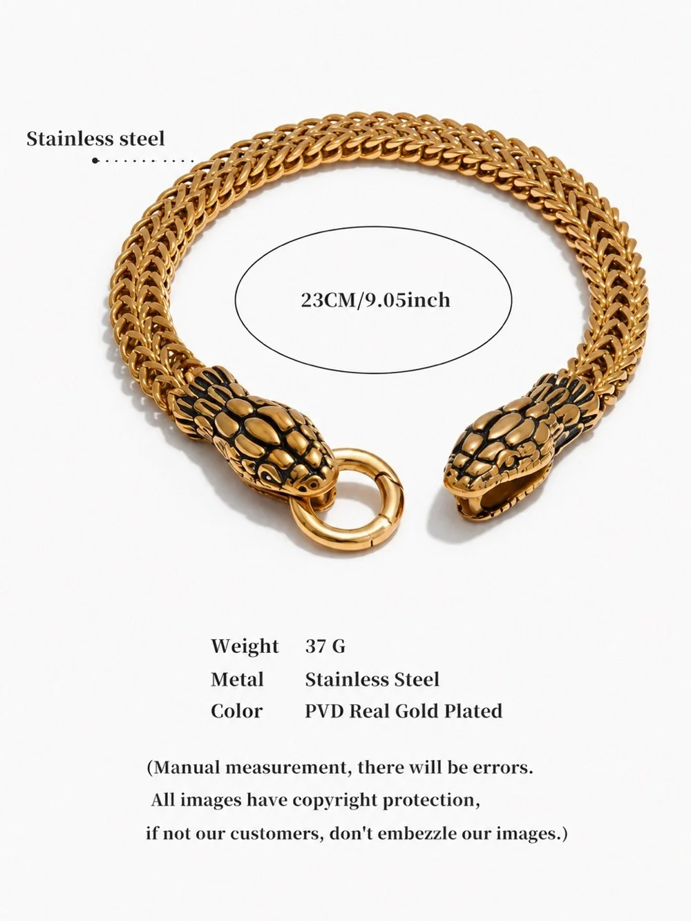 Unisex 18 K gold plated snake head Bracelet
